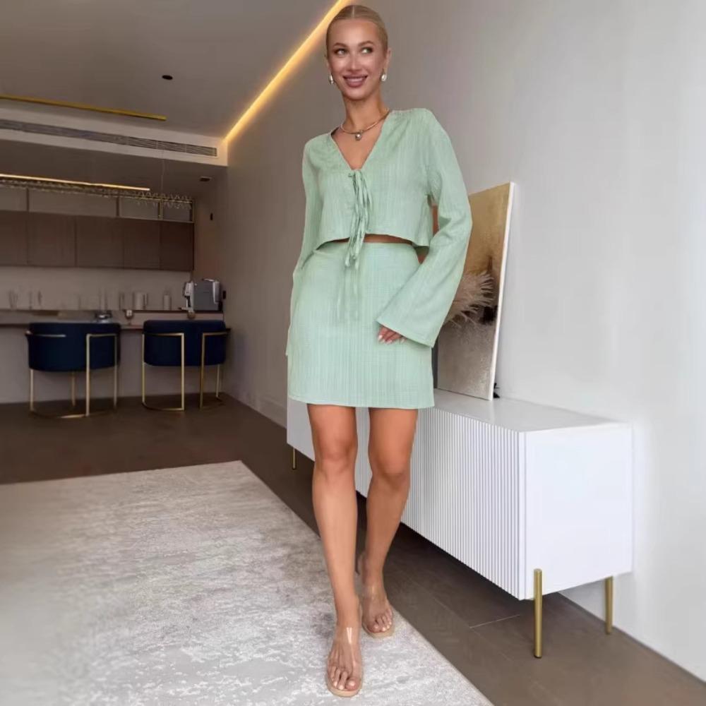 New European and American Spring and Summer Vacation Casual Style Suit, Lace-up Top, Shorts, Skirt, Two-piece Set for Women