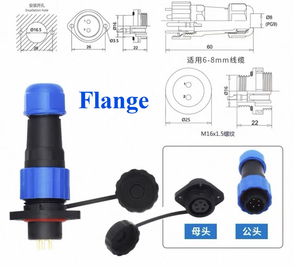 

SP16 IP68 Waterproof Connector Cable Connector Plug & Socket Male And Female 2 3 4 5 6 7 9 Pin Docking/Square/Flange/Back 2 Pin