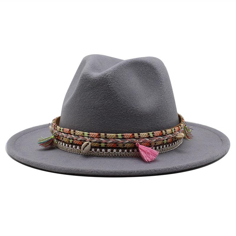 Woolen Top Hat, Fringed Minority Style Jazz Hat, Retro Flat-Brimmed Big Eaves Hat.