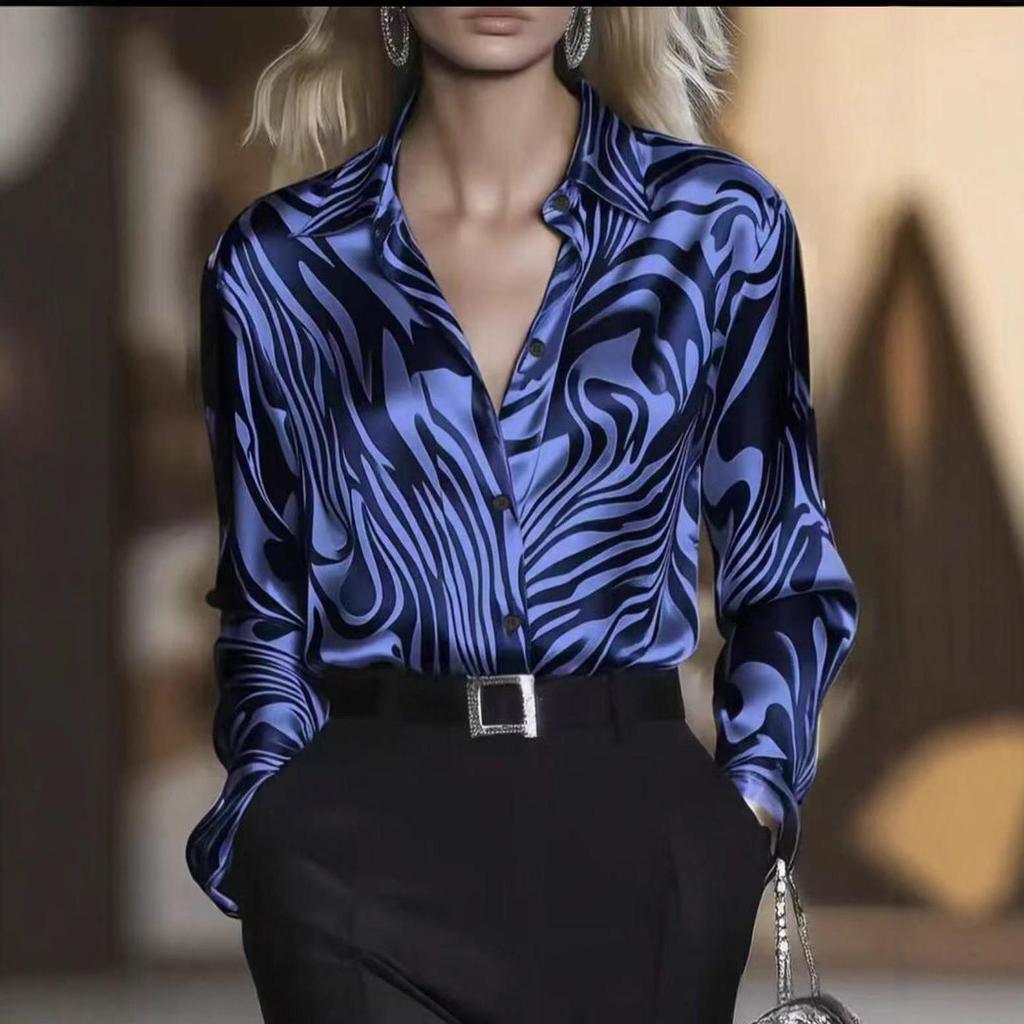 European & American Women's Fashion Abstract Animal Print Satin Slimming Long-Sleeved Shirt, Cross2025 Collection