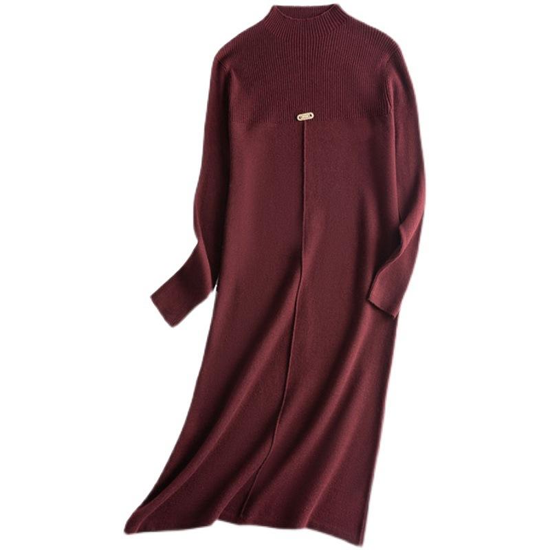 Lässiger Stil Strickpullover Damen Midilanges Kleid Lockerer Strickpullover Lässiges Einfarbiges Strickkleid
