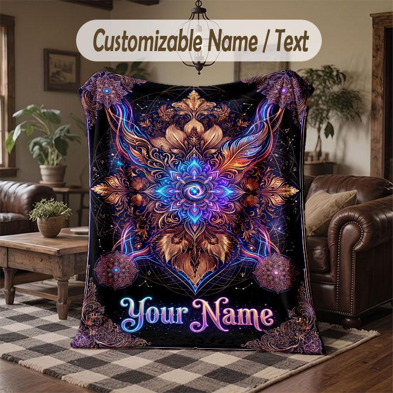 Mandala Theme Throw Blanket Custom Name Text Personalized Blanket Soft Cozy Blanket for Home Sofa Bed