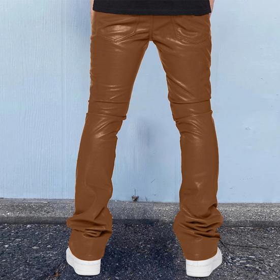 Men Faux Leather Pants Mid Waist Loose Smooth Solid Color Hip Hop Style Streetwear Party Club Performance Flared Trousers