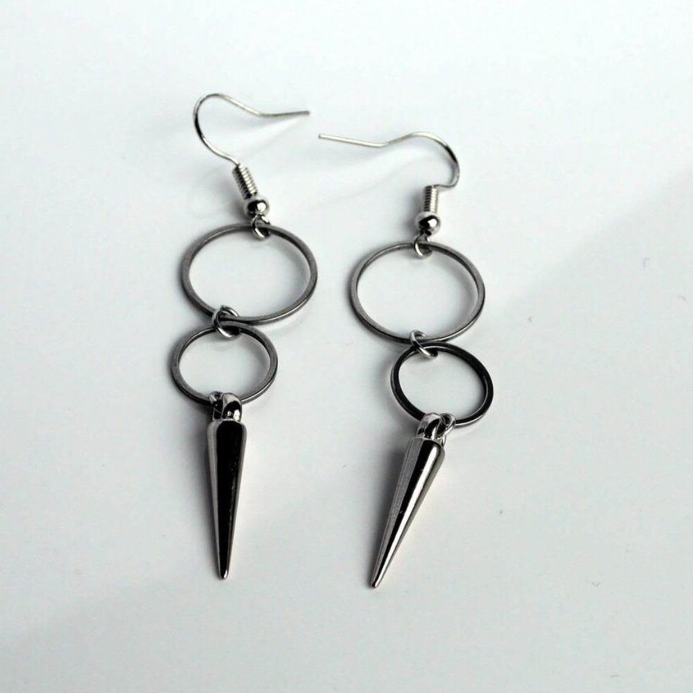 Gothic-punk Silver Color Double Ring-shaped Pointed Rivet Long Dangle Earrings for Men Women Unisex Hip-hop Rock Jewelry Gifts