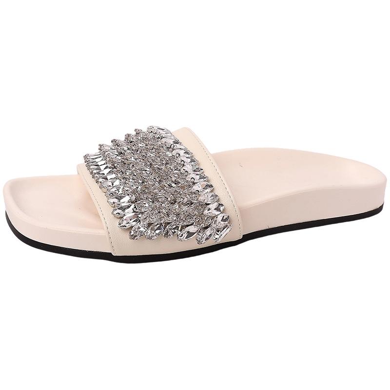 Fashion versatile casual exquisite rhinestone thick-soled one-word slippers women's summer retro temperament open-toed flat-bottomed cool slippers