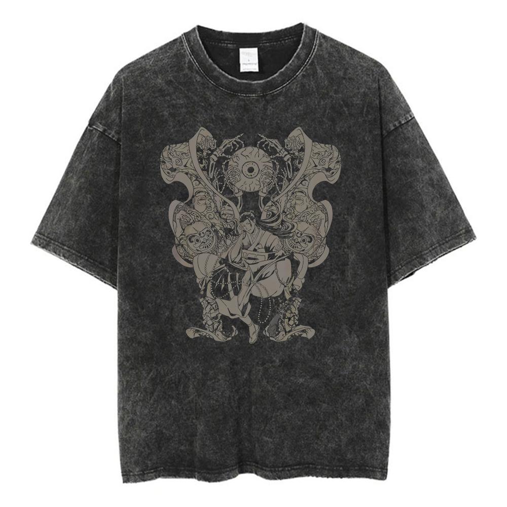 Men Fashion Streetwear Washed Black T-Shirt Japanese Anime Graphic Print T Shirt Summer Cotton Oversized Tops Tees