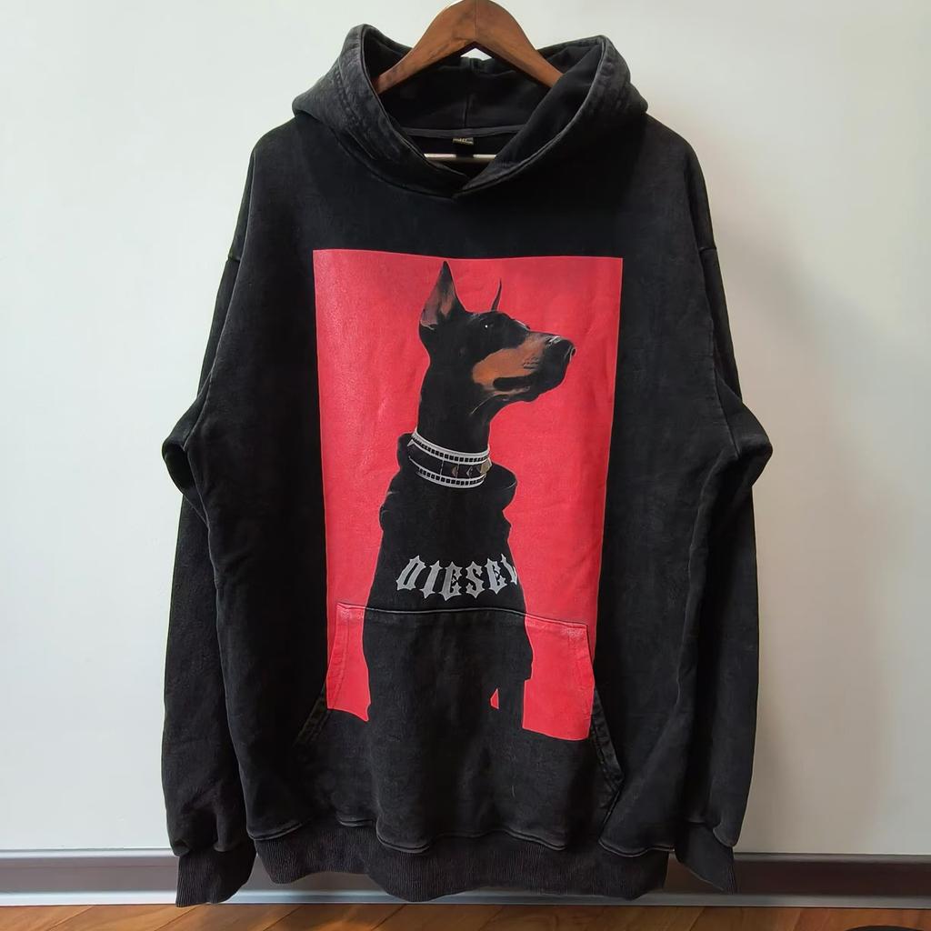 Trendy Brand European And American High Street Doberman Hound Contrasting Color Printing Washing Water Retro Hooded Sweater Men'S Oversize Coat