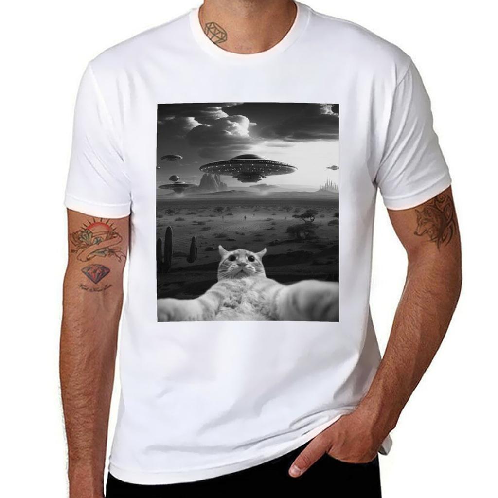 Alien UFO Funny Cat T-Shirt T Shirts for Man Cotton Funny T Shirts Cotton 100% T-Shirt