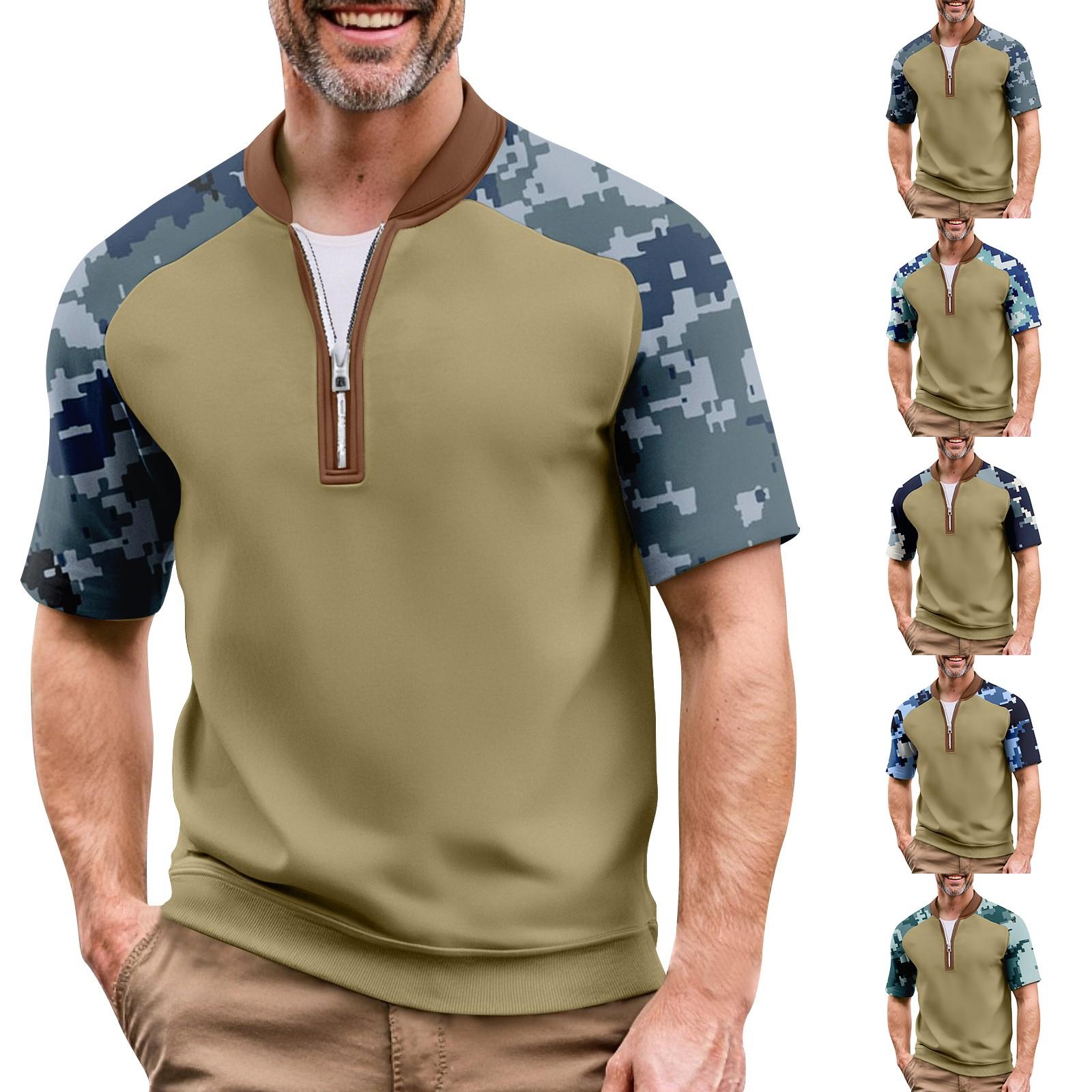 

Men s Summer Camouflage Color Casual T-shirt Sports Breathable Zipper Collar Top S