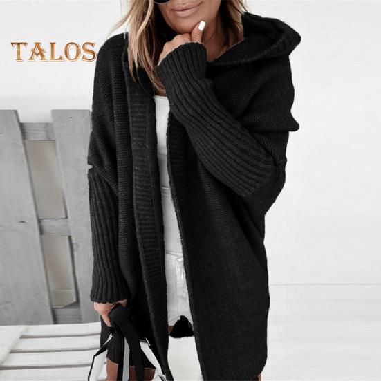 Women Sweater Coat Hooded Long Sleeve Ribbed Cuffs Open Front Knitting Coat Solid Color Mid-length Sweater Cardigan