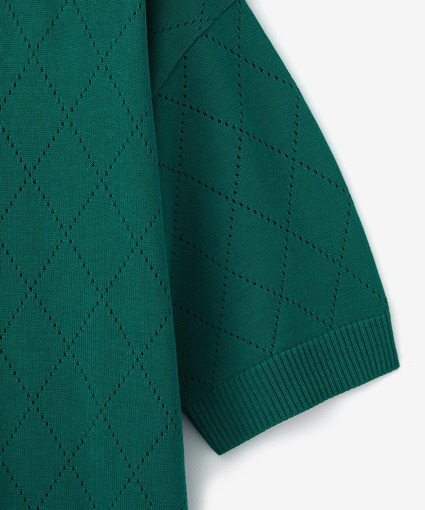 BLOND9 Cotton Diamond Open Collar Short Sleeve Knit_Green
