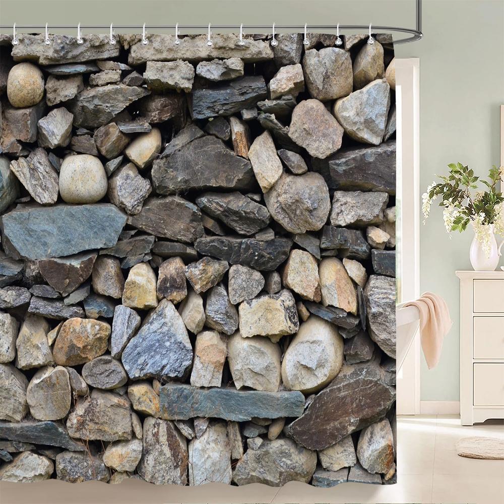 Dunika Chen 1 Pcs Brick Wall And Stone Print Polyester Shower Curtain Bathroom Water-Blocking Partition Curtain Home Decorative Curtain