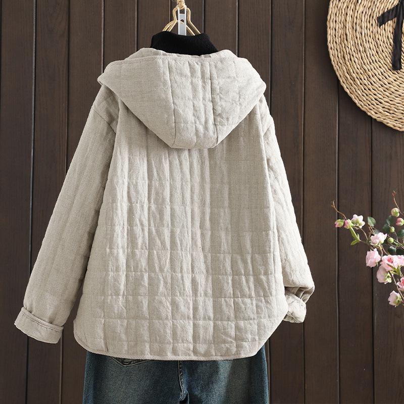 2025 Winter Damen Kapuzen-Steppjacke mit künstlerischem Karomuster und Hornknöpfen