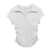 Design waist polo collar front shoulder short-sleeved women's top summer American Spice Girl v-neck slim-fit pleated gray t-shirt