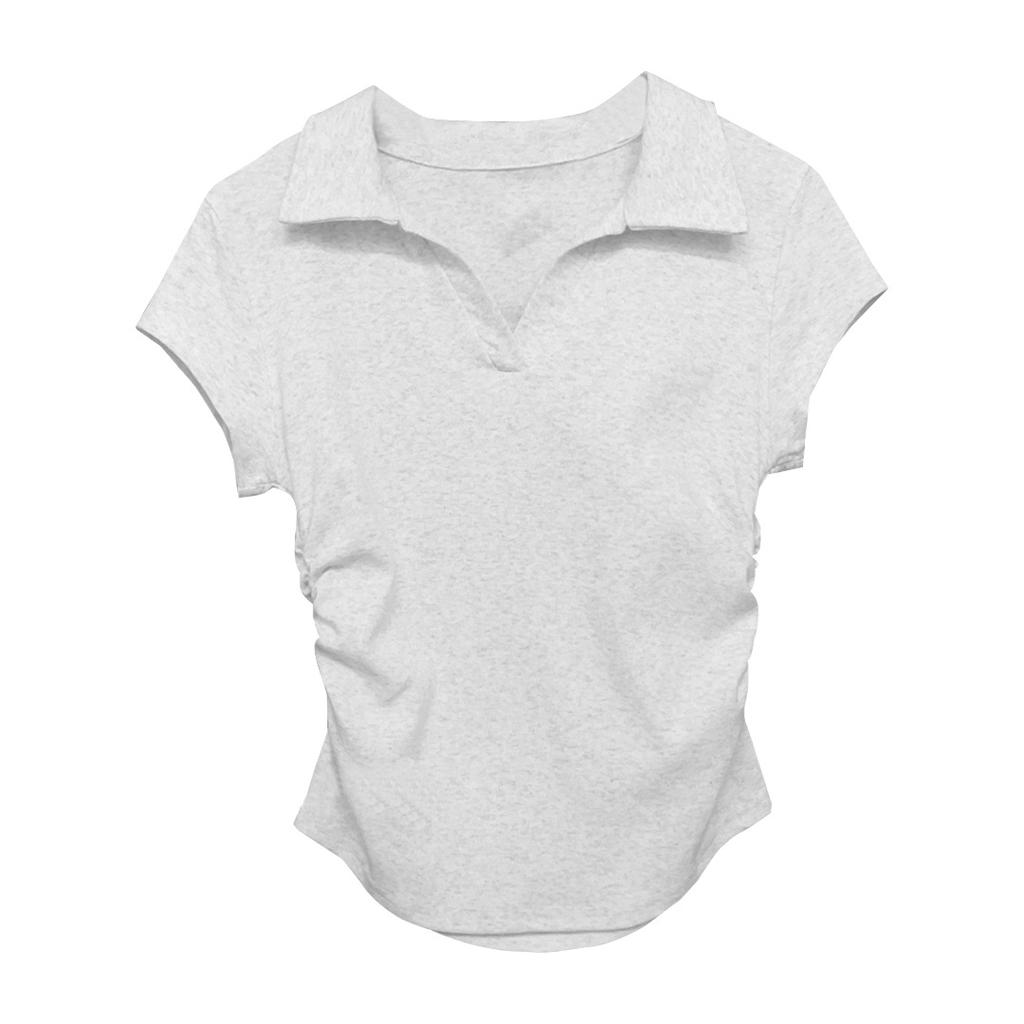 Design waist polo collar front shoulder short-sleeved women's top summer American Spice Girl v-neck slim-fit pleated gray t-shirt
