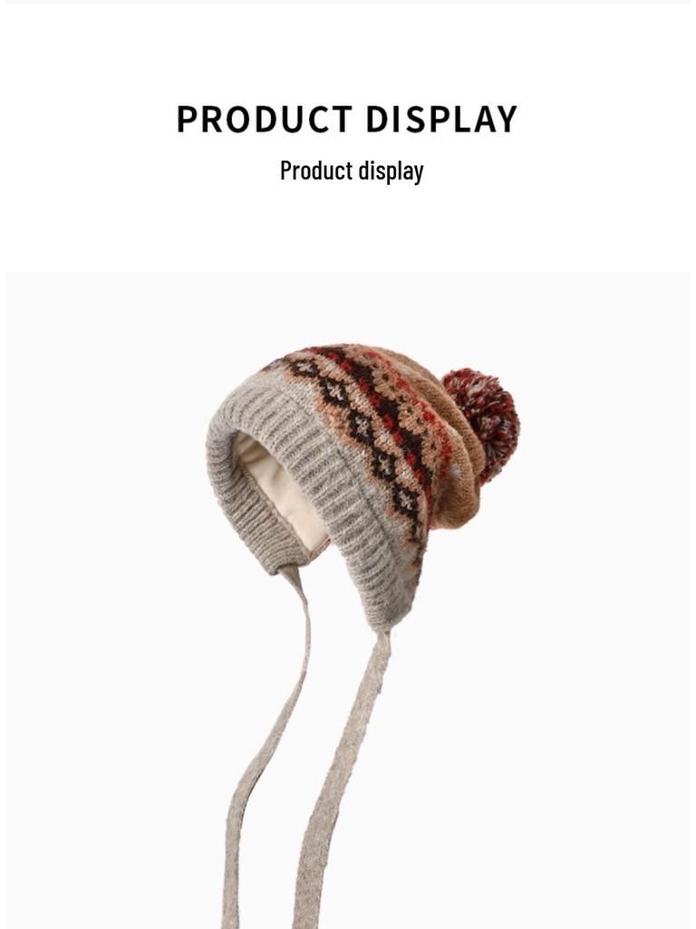Women's Fair Isle Pompom Knitted Hat - Retro Jacquard Wool with Ear Protection for Winter Warmth