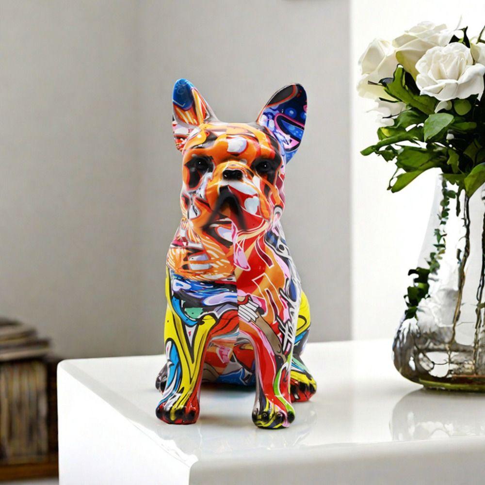 Cartoon Graffiti French Bulldog Statue Mini Colorful Dog Statue Painted Bulldog Statue  Home