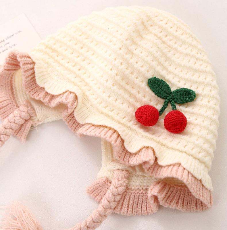 Cozy Cherry Princess Knitted Baby Hat with Ear Protection - Perfect for Autumn and Winter