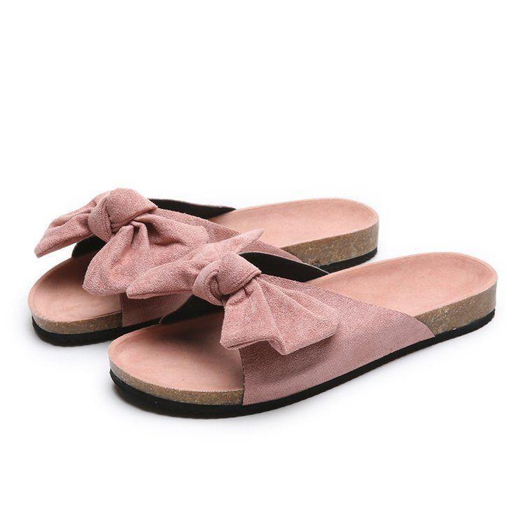 2025 Summer Foreign Trade Large Size Bow Slippers Female Leopard Print Casual One-word Suede Flat Bottom Sandals