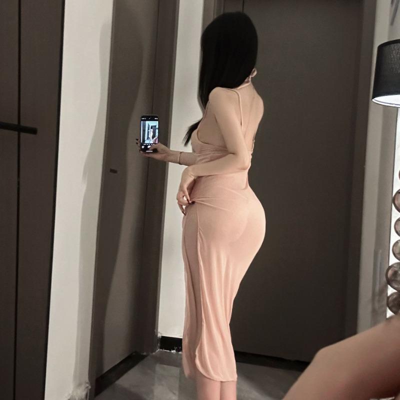 Nightclub Backless Perspective Elastic Sexy Slim Slim Slim Mesh Dress Ultra-thin Suspender Dress Home