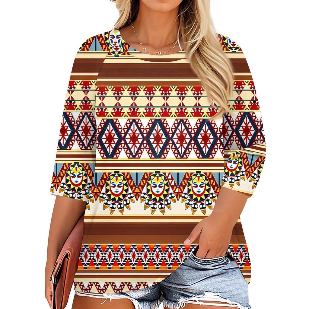 T-shirt Casual da Donna con Stampa, Girocollo, Manica 3/4