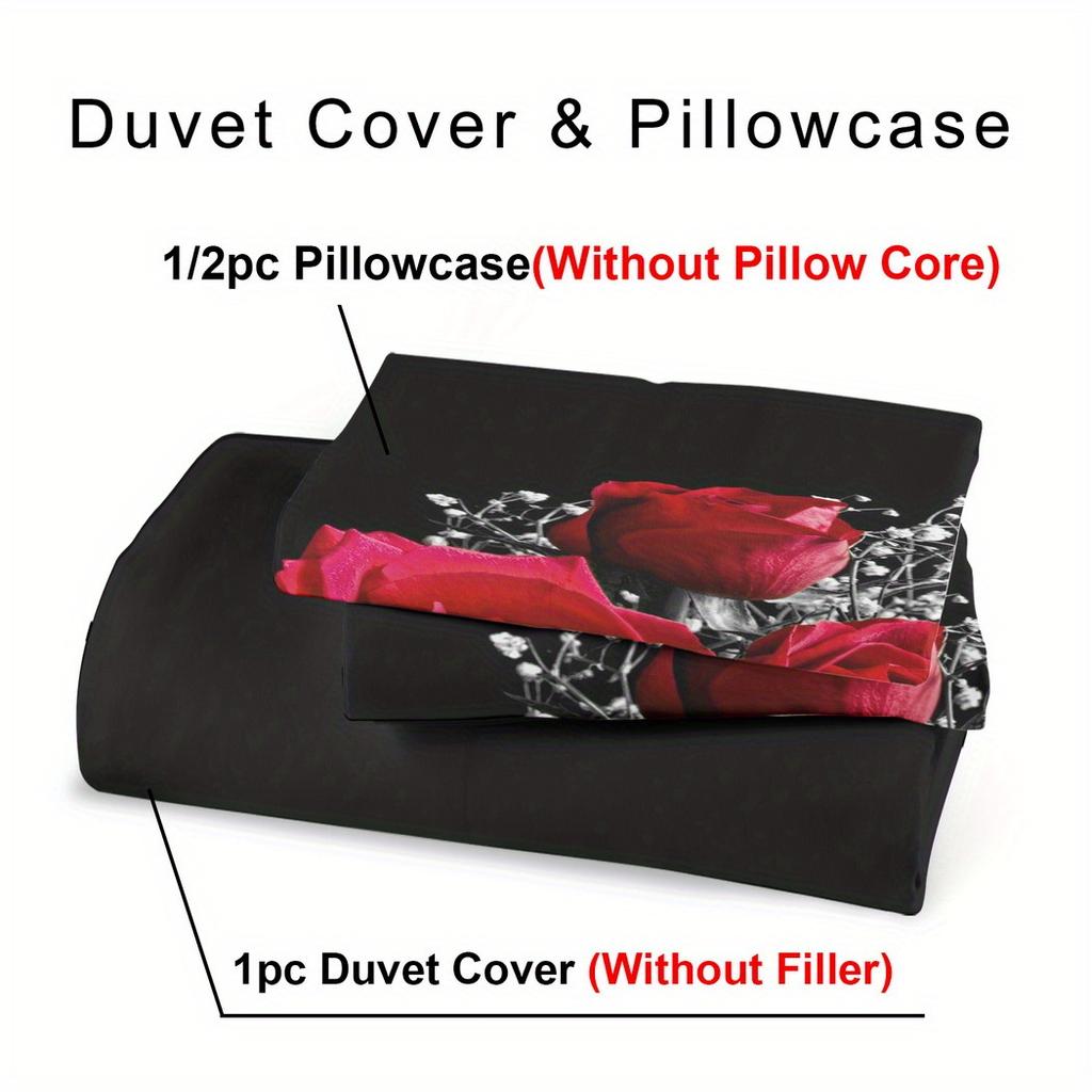 Floral Theme Down Comforter Set - 2/3Pcs Soft Comfortable Breathable Rose Pattern Printed Bedding Set Rose Duvet Cover Set