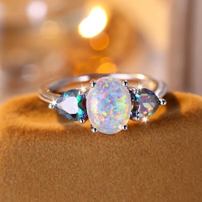 Trendy Oval White Fire Opal Rings for Women Silver Color Rainbow Heart Zircon Wedding Bands Engagement Party Jewelry