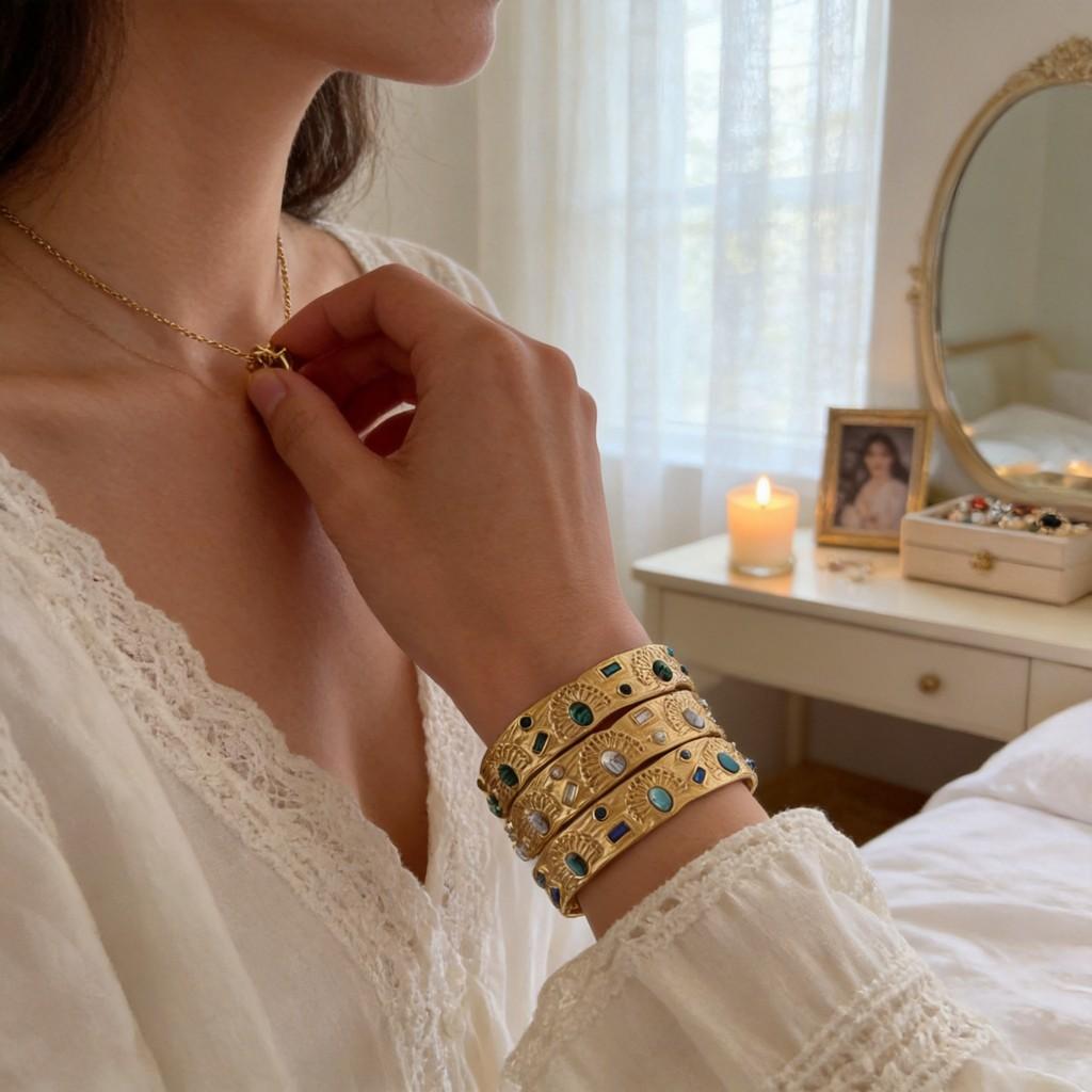Vintage Geometric Turquoise Stainless Steel Adjustable Bracelet With Sparkling Inlay For Women