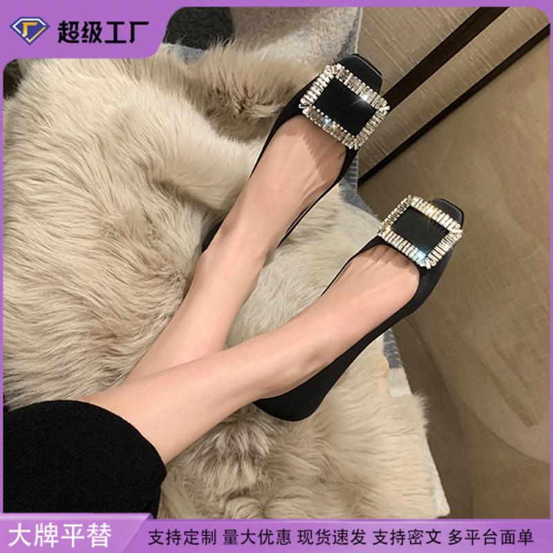 Grape mother Studiolee square head rhinestone shallow mouth square buckle silk retro temperament flat shoes single shoes women's spring and summer