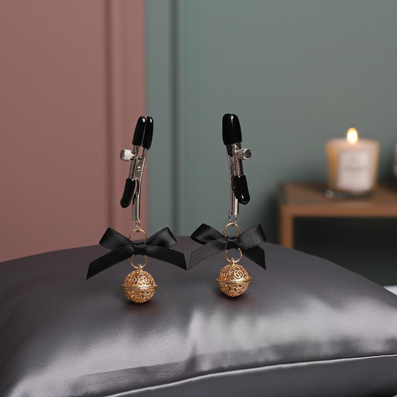 1 Pair Adjustable Nipple Clamps With Black Bow And Hollow Golden Bell Perfect For Couple Intimate Play Bedroom Cosplay SM Games