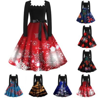 Damenmode, eckiger Ausschnitt, lässig, schmal, weihnachtlich bedruckt, langärmelig