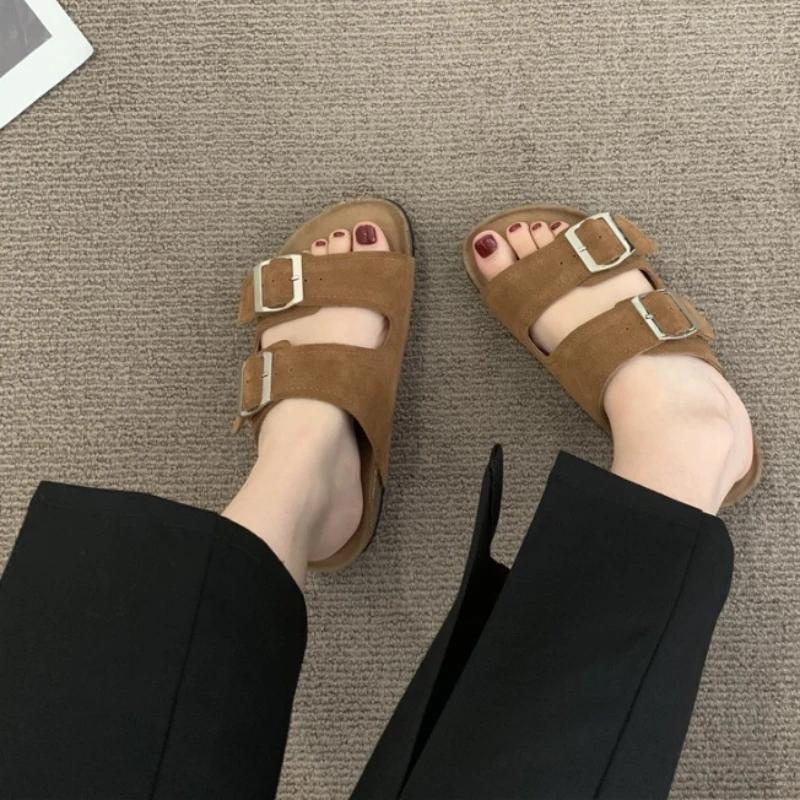 fashion 2024 Hot Sale Shoes for Women Plus Size Women's Slippers Fashion Belt Buckle Casual Slippers Women Summer Peep Toe Flat Slippers