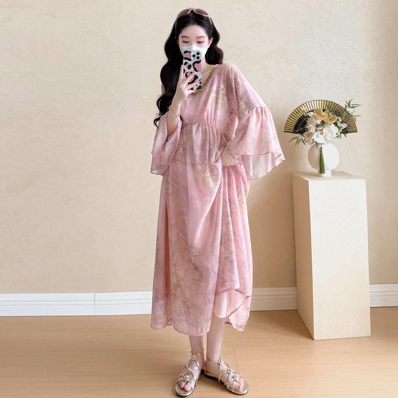 Chiffon Floral V-Neck Maternity Beach Dress with Bell Sleeves M