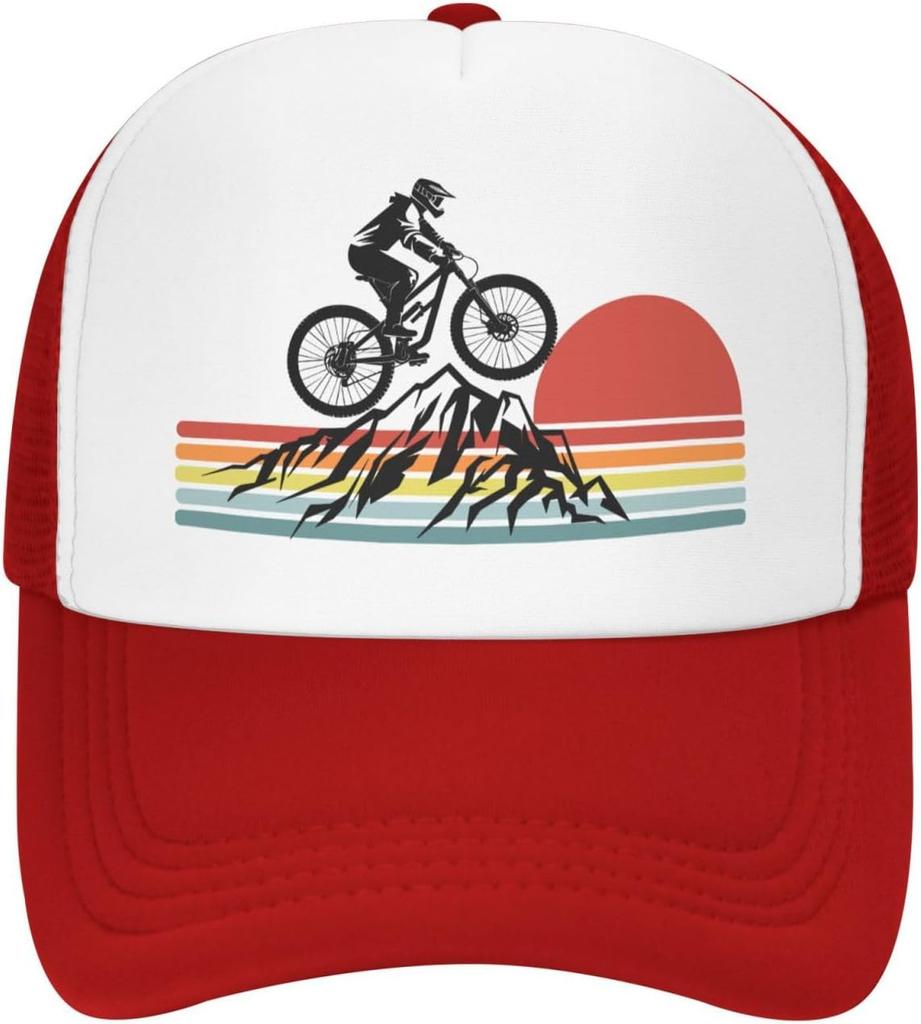Mountain Biking Sunset Graphic Trucker Hat Polyester Mesh Adjustable Outdoor Cycling Baseball Cap
