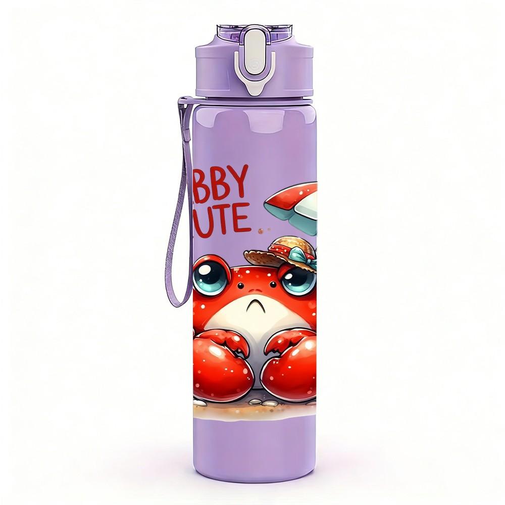 1PC Crab Seafood Summer Cartoon Print 750ml Color Plastic Sports Water Bottle Leakproof Flip Straw Lid Suitable for Sports Office Home Use