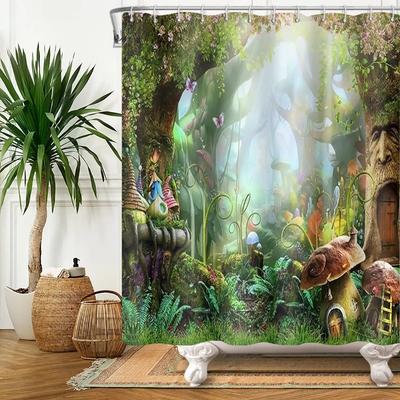 Cortina de ducha con diseño de hongos, psicodélico, verde azulado, planta botánica, hongo, fantasía estrellada, país de las maravillas, bosque, juegos de baño impermeables