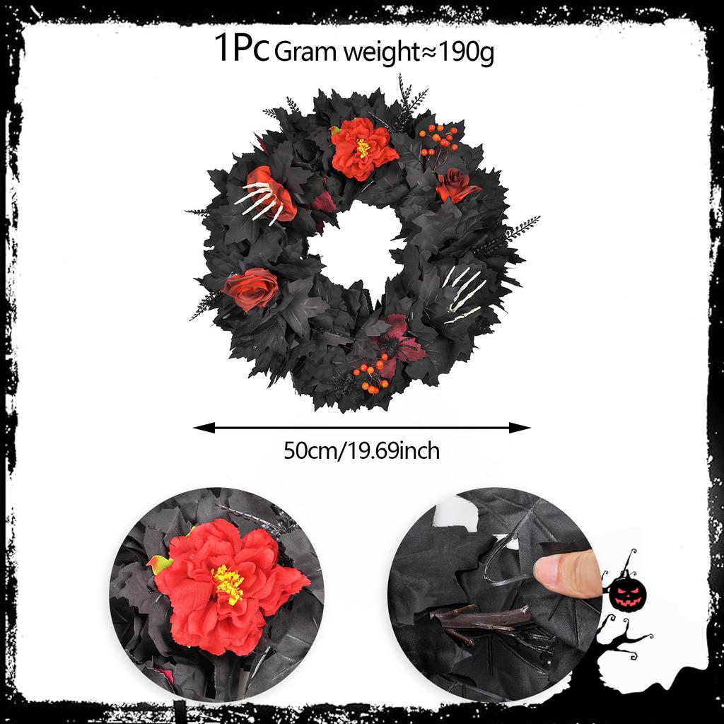 Halloween Wreath for Front Door 20” Black Maple Leaves Wreath with Skeleton Wall Window Halloween Decoration Home Decor