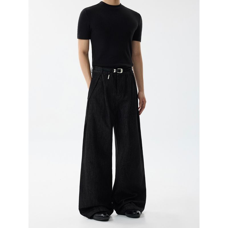 Blaexit American Retro Pleated Raw Denim A-Line Jeans for Men, Loose Straight Black Scimitar Wide-Leg Trousers