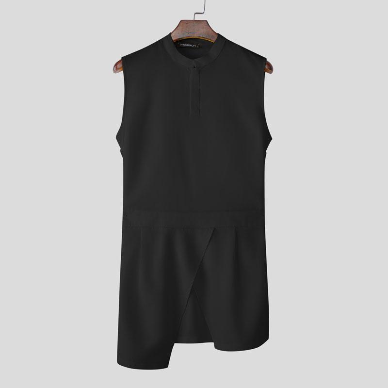 INCERUN Men Summer Buttons Stand Collar Sleeveless Cutout Casual Irregular Splits Tank Tops