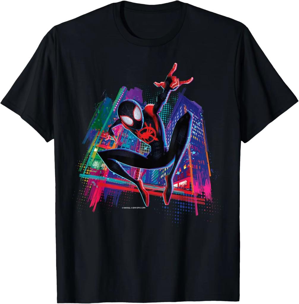 2026 new Marvel SpiderMan Miles Morales Neon City TShirt Men Women Into The SpiderVerse Graphic Tees Black Tops