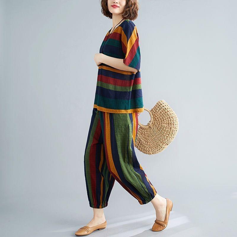 Summer Suit Women's Fashion Loose Striped Short-sleeved Nine-point Pants Casual Two-piece Suit