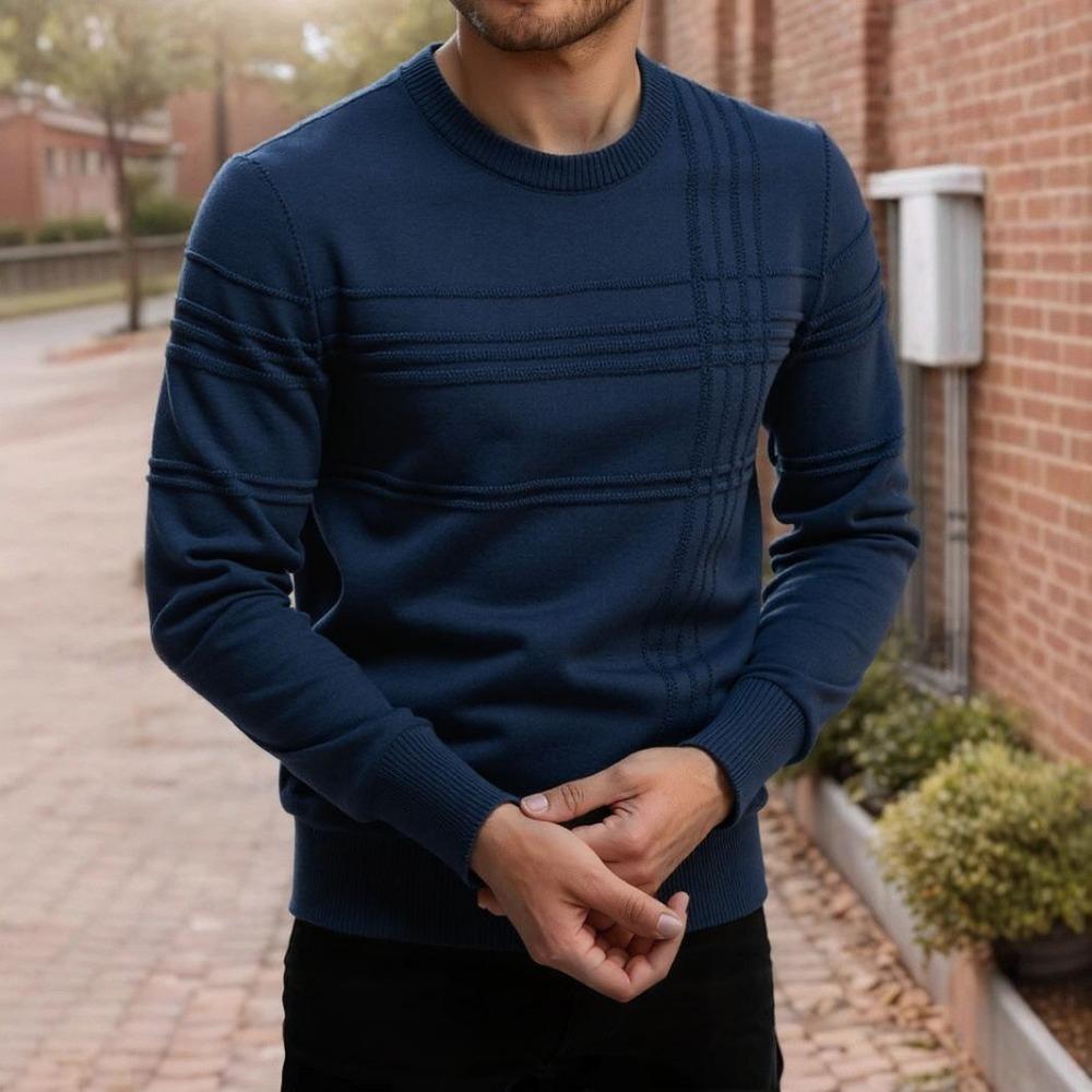 

Пуловер с длинным рукавом и круглым вырезом для мужчин. Теплый и удобный мужской свитер однотонной расцветки для осени и зимы. XXL темно-синий