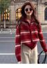 Red Striped Wool Cardigan - European Style, 2026 Year of the Horse Zodiac Knit Sweater Coat.