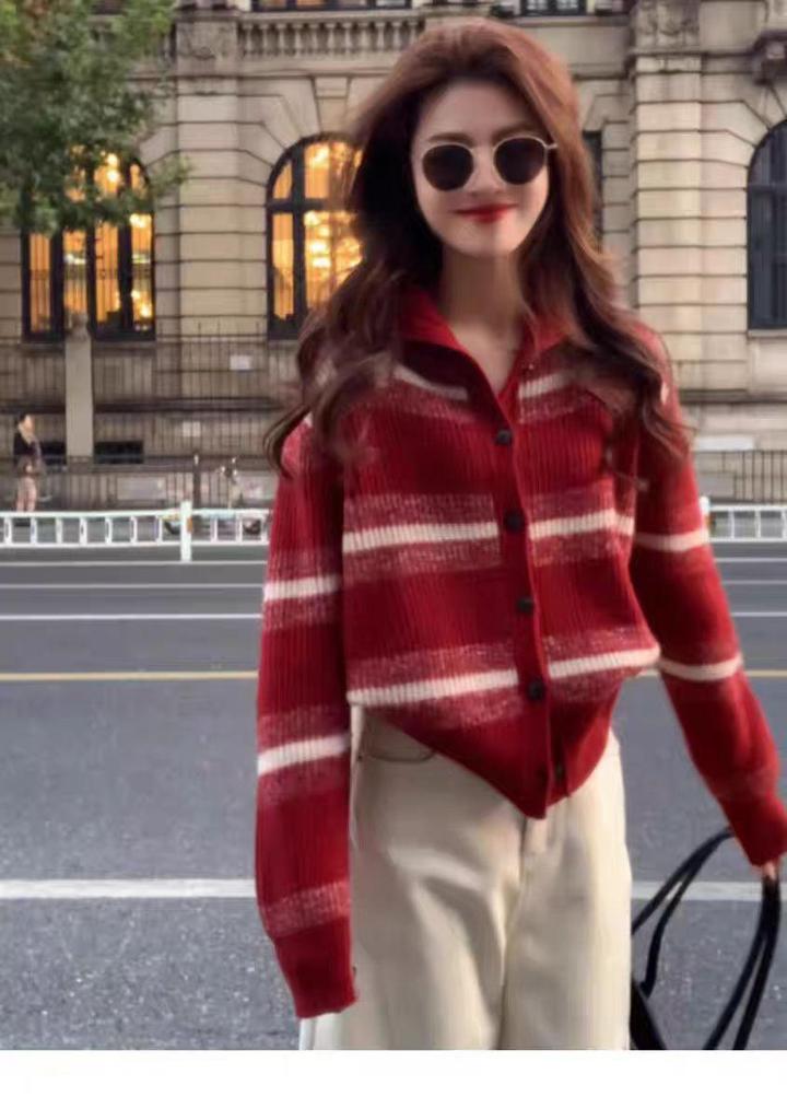 Red Striped Wool Cardigan - European Style, 2026 Year of the Horse Zodiac Knit Sweater Coat.