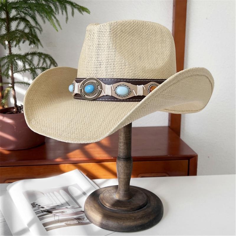 Handwoven Straw Hat for Female Cowgirl Hat with PU Belt Fashion Panamas Hat Music Festival Cowgirl Hat for Seasides Travel
