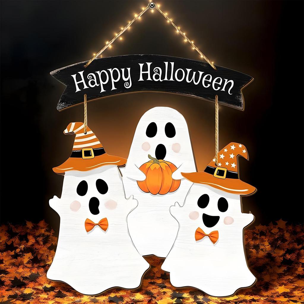 Happy Halloween Door Sign Ghost Porch Sign For Door Decorations Hangable Wooden Decoration For Home Entrance Wall Indoor Outdoor