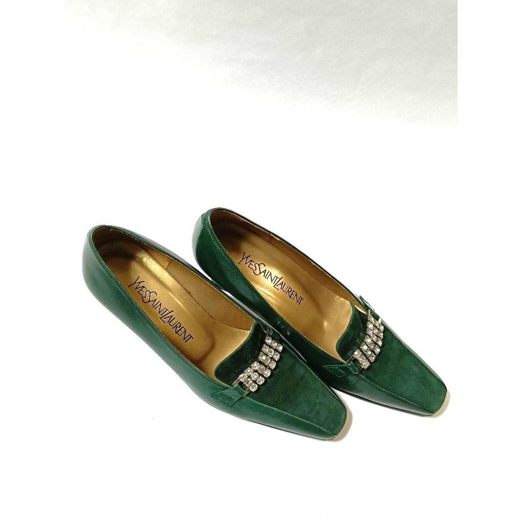 Used Yves Saint Laurent Pumps Green Suede Enamel Bijou 36 (23cm) Heel 6cm