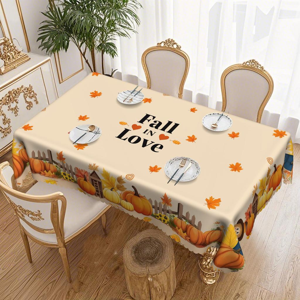 1 Thanksgiving Tablecloth - Printed With Pumpkin, Sunflower, Log Cabin And Autumn Leaves - Durable Polyester