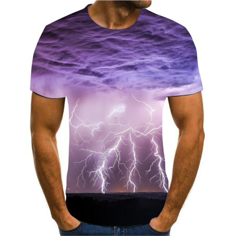 2024 Pánské tričko s 3D potiskem Tričko s potiskem krajiny s blesky Kulatý výstřih Plážová trička Pánské tričko Léto