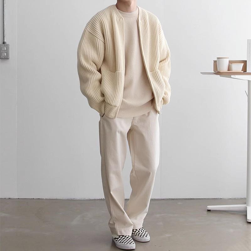 Men's Round Neck Solid Color Knitted Cardigan - 2023 Casual Autumn/Winter Fashion, All-Match, Large Size Trendy Jacket